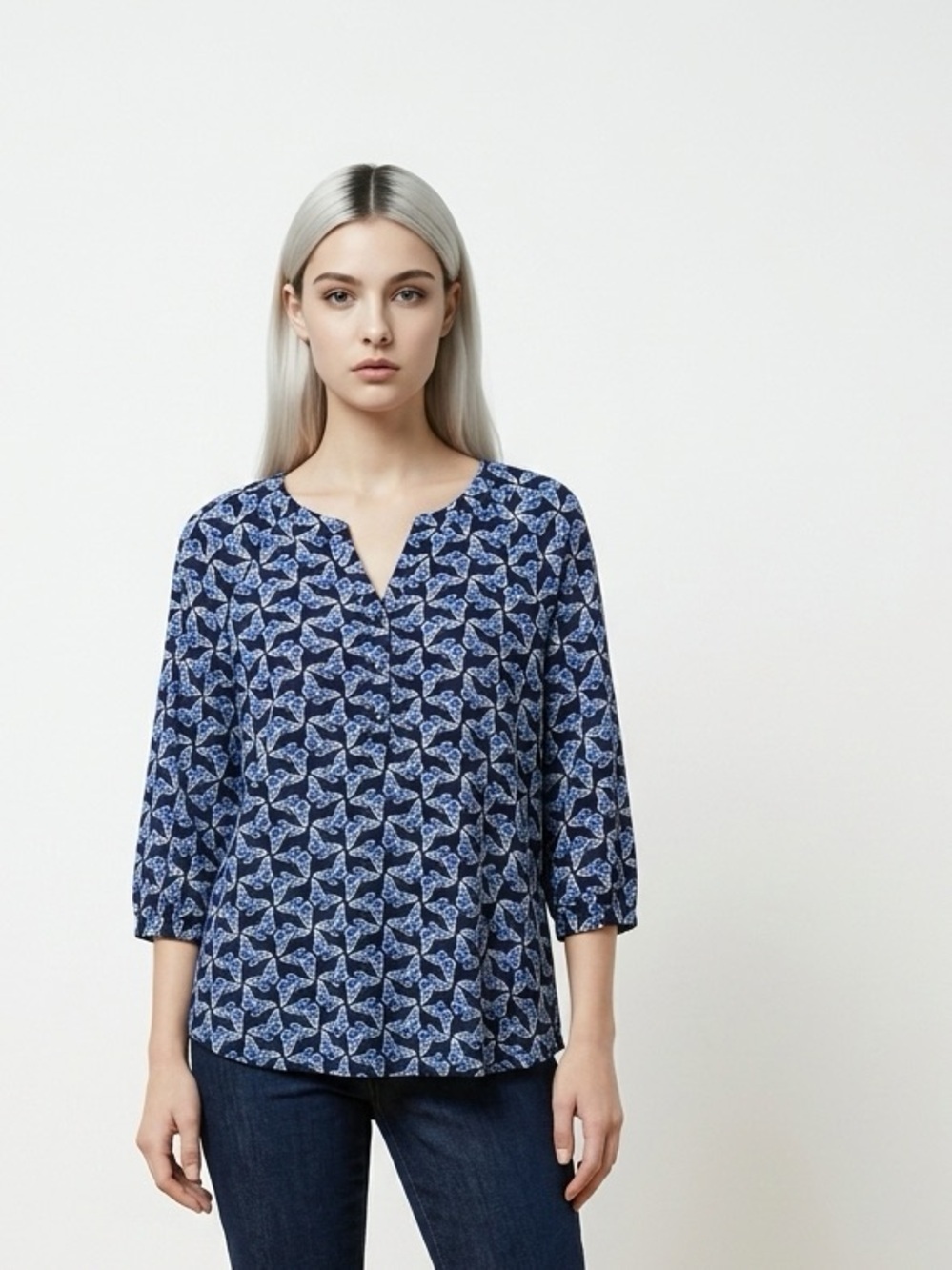 Karen Scott Navy & Blue Geometric Blouse | Split Neck | Size Large